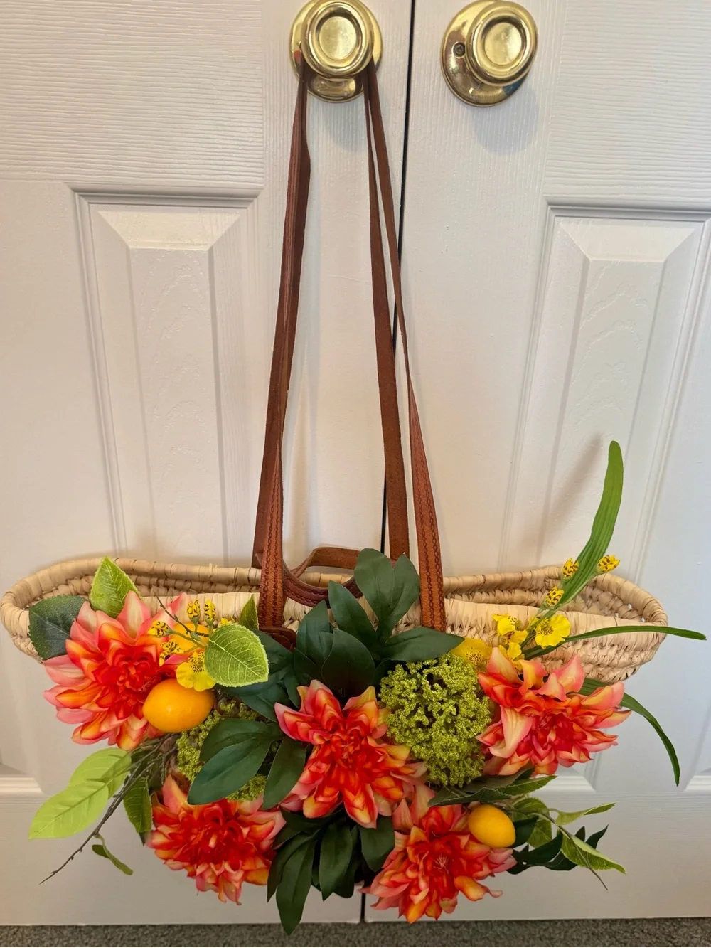 Woven Straw Tote with Orange-Red Floral Accents